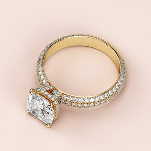 Elegant 14K/18K engagement ring with a cushion-cut diamond and pave-set band, exuding timeless sophistication and brilliance.