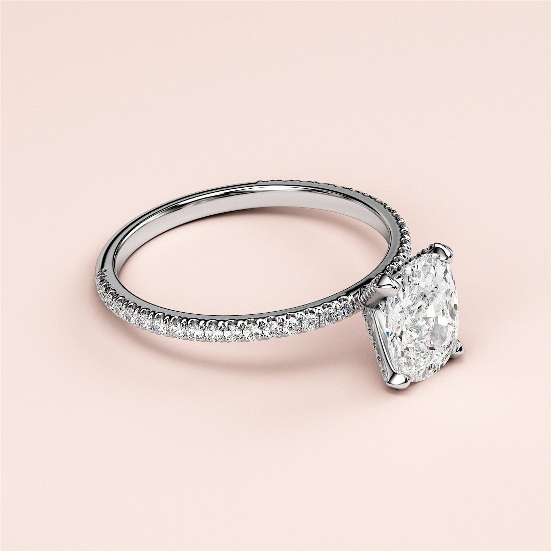 Elegant 14K or 18K white gold engagement ring with oval solitaire diamond and a dazzling pave band. No model shown.|

#14KRecycledWhiteGold
#18KRecycledWhiteGold








#Platinum