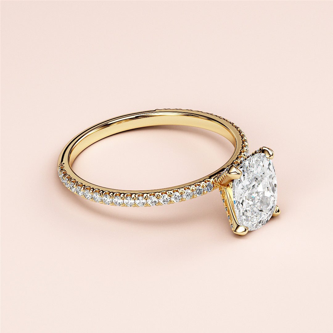Elegant yellow gold engagement ring featuring a cushion-cut diamond,Pave band, available in 14K or 18K settings.|




#14KRecycledYellowGold
#18KRecycledYellowGold





