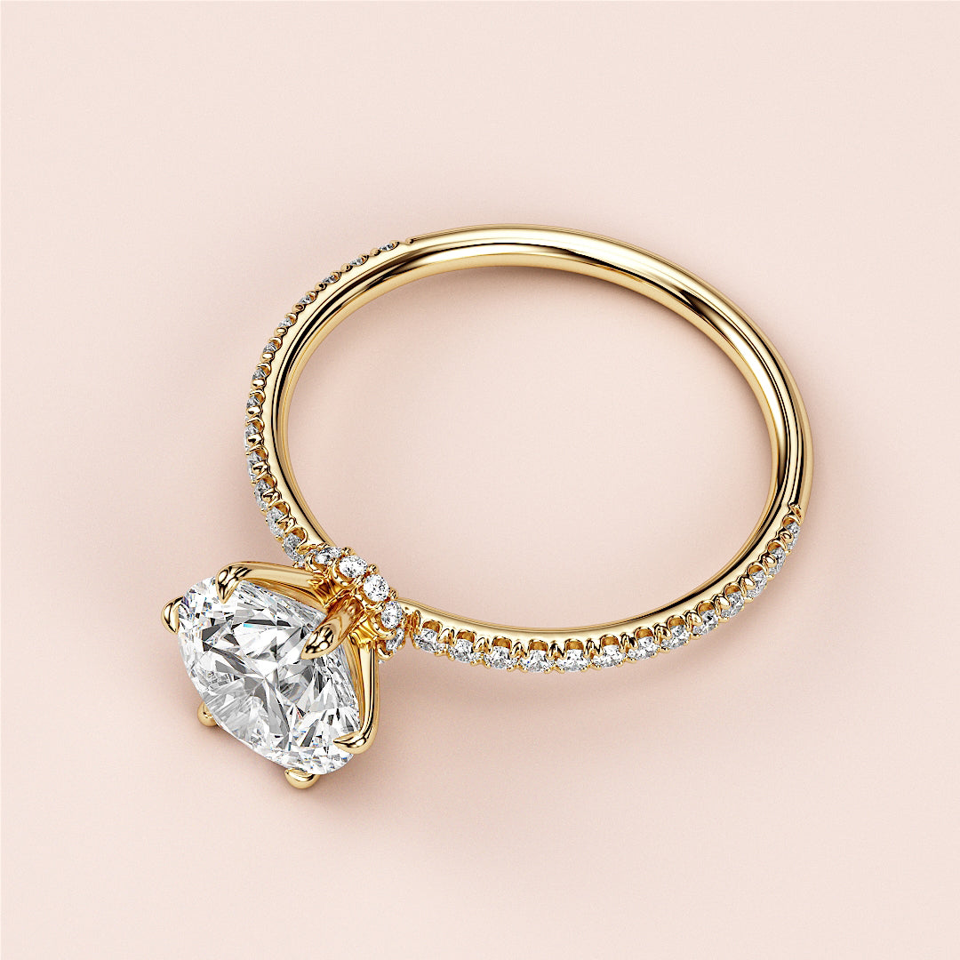 "Elegant yellow gold halo collar engagement ring with round solitaire diamond, available in 14K and 18K or platinum."