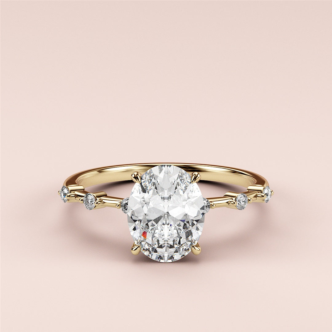 14K/18K Gold Oval-Shaped Diamond Engagement Ring with accent diamonds on a delicate band, displayed elegantly on a neutral background.|




#14KRecycledYellowGold
#18KRecycledYellowGold





