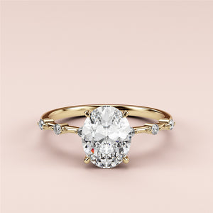 14K/18K Gold Oval-Shaped Diamond Engagement Ring with accent diamonds on a delicate band, displayed elegantly on a neutral background.