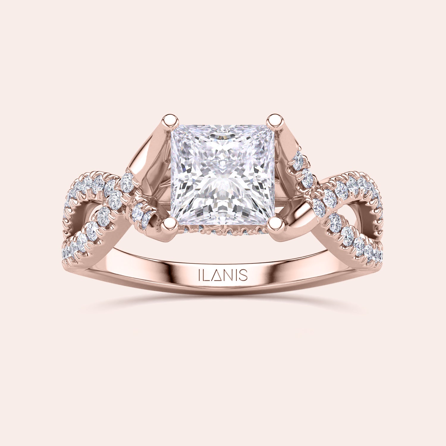 Elegant 14K rose gold engagement ring with a princess-cut diamond center and intricate diamond-studded infinity loops.|







#14KRecycledRoseGold
#18KRecycledRoseGold


