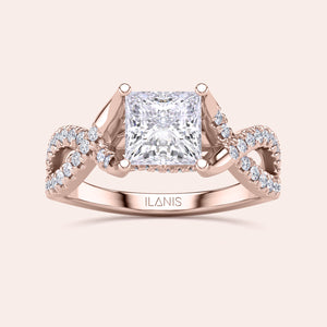 Elegant 14K rose gold engagement ring with a princess-cut diamond center and intricate diamond-studded infinity loops.