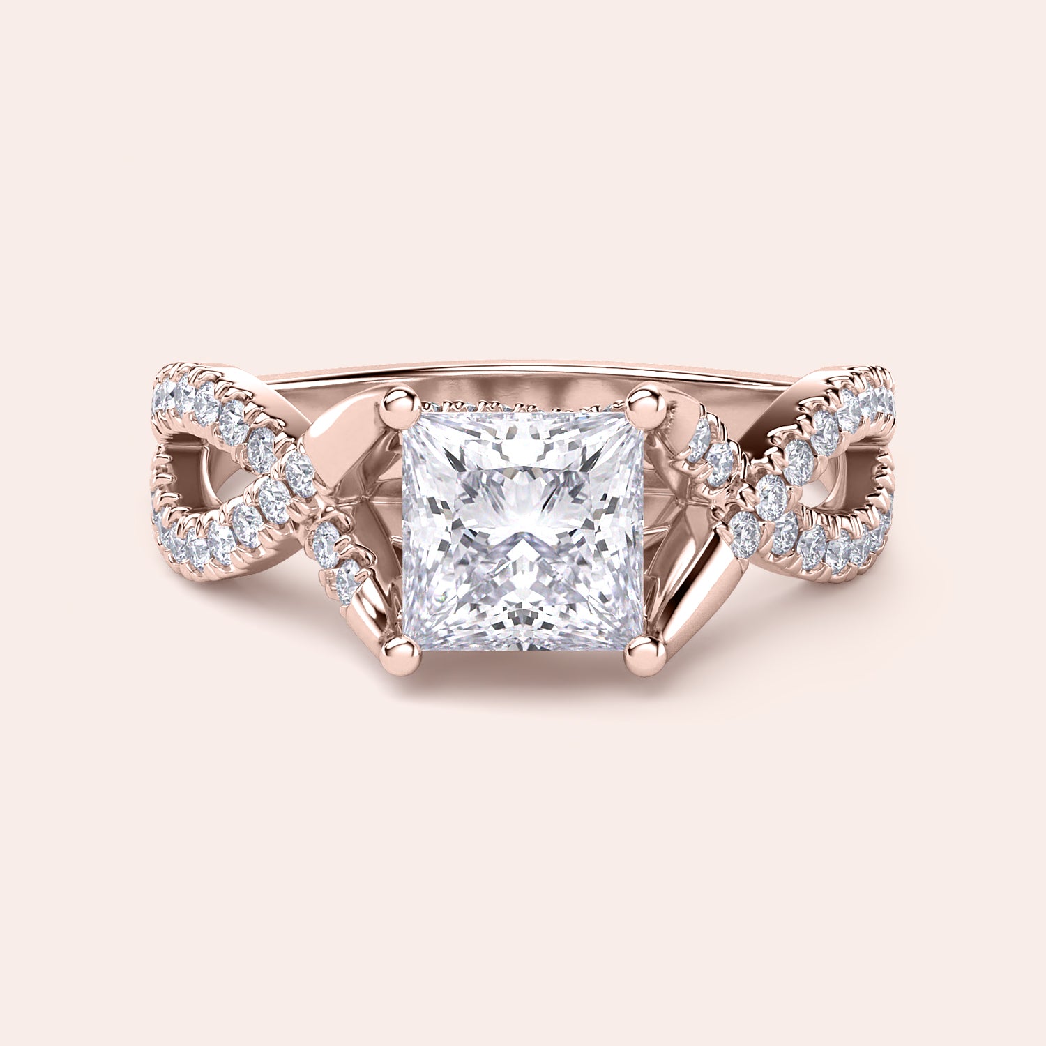 Elegant rose gold engagement ring with princess-cut diamond, infinity band design, available in 14K, 18K, or platinum. Not worn on model.|







#14KRecycledRoseGold
#18KRecycledRoseGold


