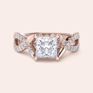 Elegant rose gold engagement ring with princess-cut diamond, infinity band design, available in 14K, 18K, or platinum. Not worn on model.