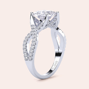 White gold 14K Myla Princess twisted band pave engagement ring, featuring exquisite detailing and a timeless design.