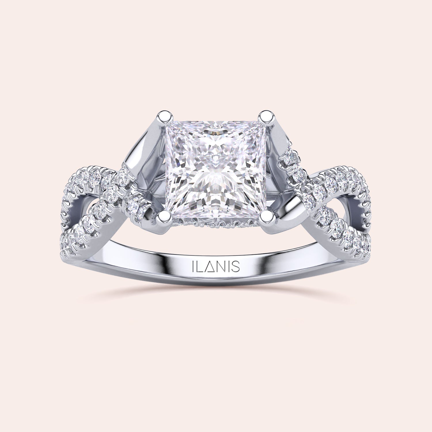 "14K white gold Myla ring set with princess-cut diamonds and twisted pave band, perfect for elegant engagements.|

#14KRecycledWhiteGold
#18KRecycledWhiteGold








#Platinum"
