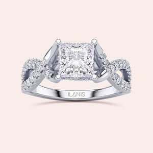 "14K white gold Myla ring set with princess-cut diamonds and twisted pave band, perfect for elegant engagements.