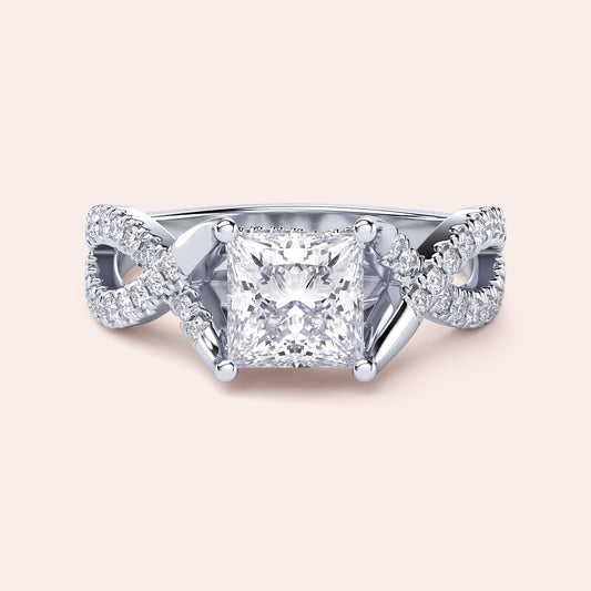 Elegant 14K/18K gold or platinum princess-cut diamond engagement ring with an infinity twist design, perfect for any occasion.