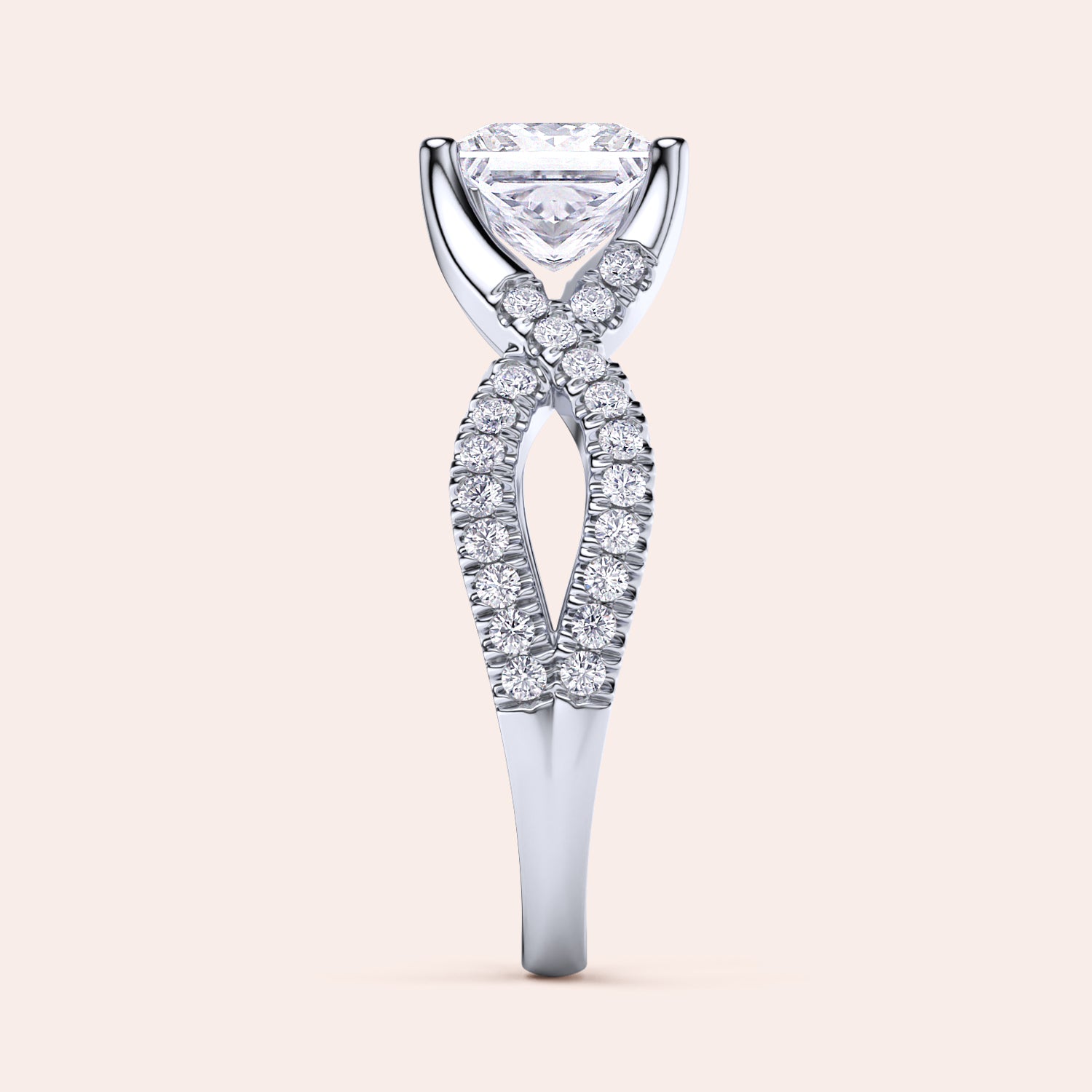 "14K white gold Myla ring set with princess-cut diamonds and twisted pave band, perfect for elegant engagements.|

#14KRecycledWhiteGold
#18KRecycledWhiteGold








#Platinum"
