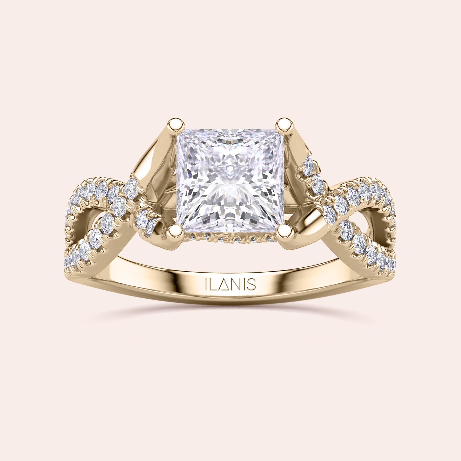 Elegant 14K gold Myla princess twisted band ring with diamond accents, featuring a radiant cut diamond center stone by ILANIS.|




#14KRecycledYellowGold
#18KRecycledYellowGold





