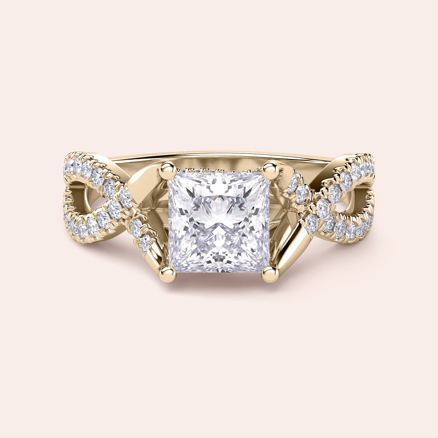 Elegant 14K/18K gold or platinum princess cut diamond ring with intricate infinity design, adorned with smaller diamonds.|




#14KRecycledYellowGold
#18KRecycledYellowGold





