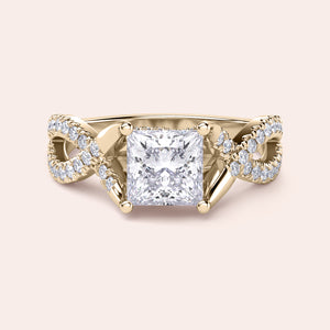 Elegant 14K/18K gold or platinum princess cut diamond ring with intricate infinity design, adorned with smaller diamonds.