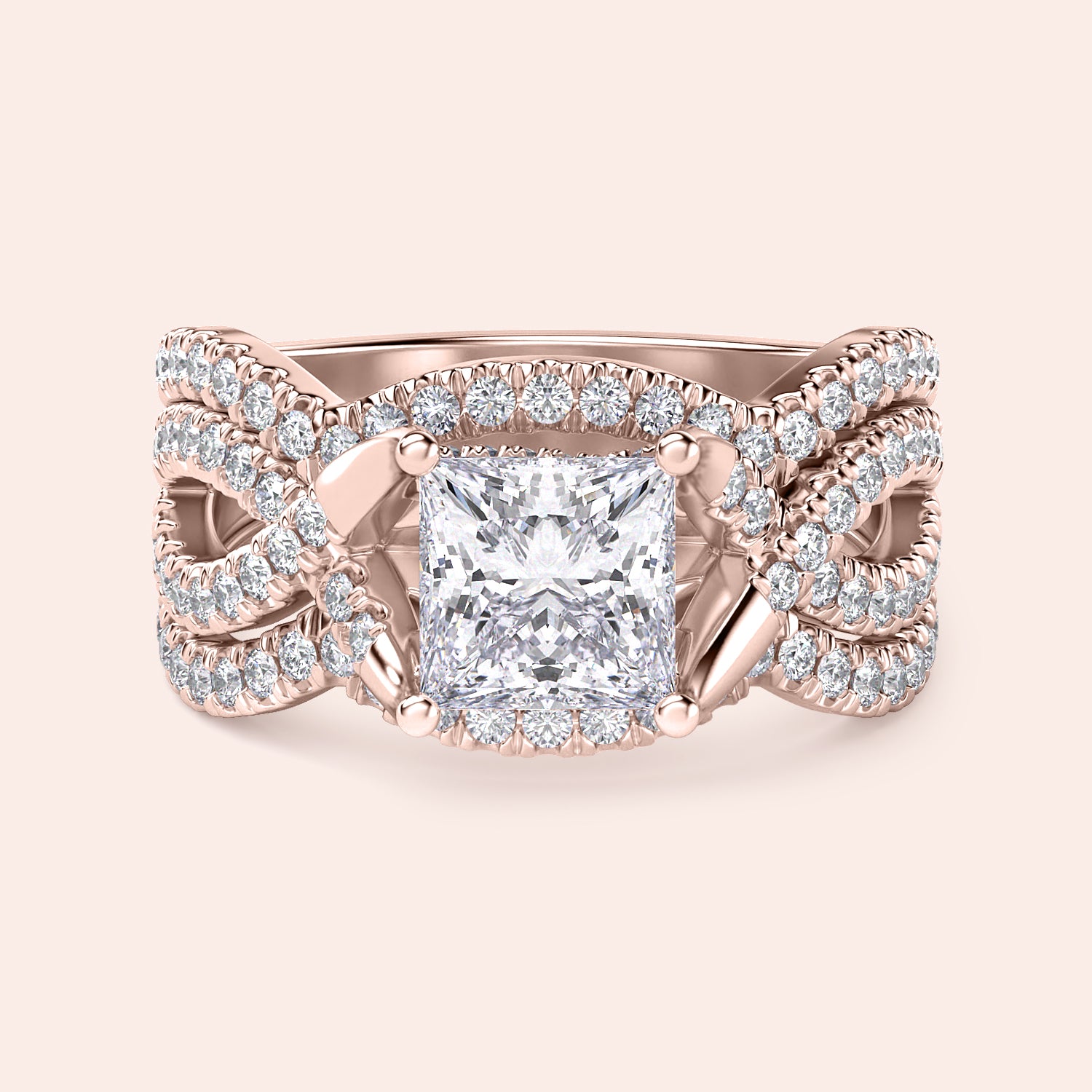 14K/18K Rose Gold engagement ring featuring a princess cut diamond center stone and intricatePave diamond band details.|







#14KRecycledRoseGold
#18KRecycledRoseGold


