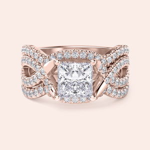 14K/18K Rose Gold engagement ring featuring a princess cut diamond center stone and intricatePave diamond band details.