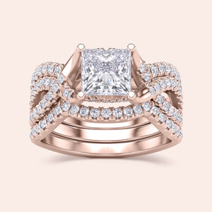 Elegant 14K/18K rose gold princess-cut diamond engagement ring with twisted pave band, featuring conflict-free diamonds.
