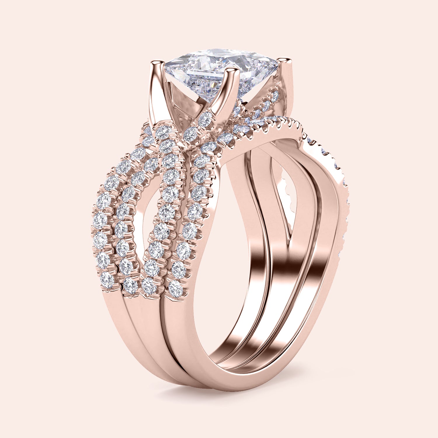 Rose gold engagement ring in 14K/18K/platinum with cushion-cut diamond and crisscross pave band design.|







#14KRecycledRoseGold
#18KRecycledRoseGold


