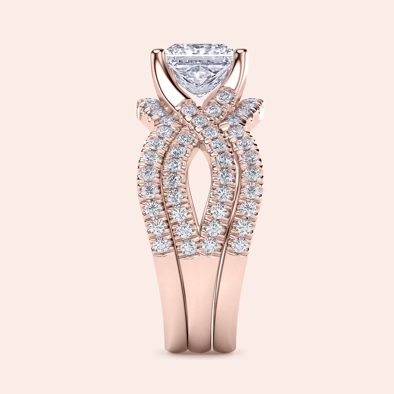 Elegant rose gold engagement ring featuring pave-set diamonds and center trillion-cut diamond, available in 14K, 18K gold, or platinum.|







#14KRecycledRoseGold
#18KRecycledRoseGold


