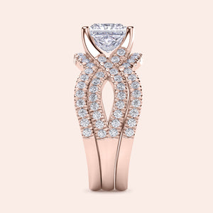Elegant rose gold engagement ring featuring pave-set diamonds and center trillion-cut diamond, available in 14K, 18K gold, or platinum.