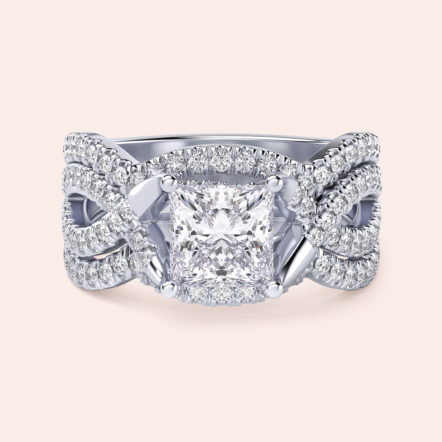 Elegant princess-cut diamond ring set in 14K or 18K gold or platinum with intricatePave detailing and luxurious double band design.|

#14KRecycledWhiteGold
#18KRecycledWhiteGold








#Platinum