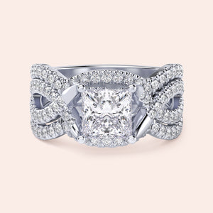 Elegant princess-cut diamond ring set in 14K or 18K gold or platinum with intricatePave detailing and luxurious double band design.