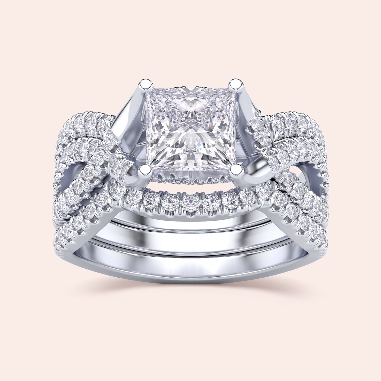 "Elegant 14K/18K white gold princess cut diamond engagement ring set in a twisting pave band, perfect for engagements."|

#14KRecycledWhiteGold
#18KRecycledWhiteGold








#Platinum