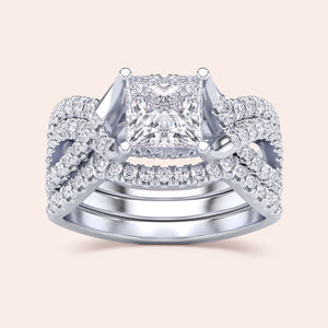 "Elegant 14K/18K white gold princess cut diamond engagement ring set in a twisting pave band, perfect for engagements."