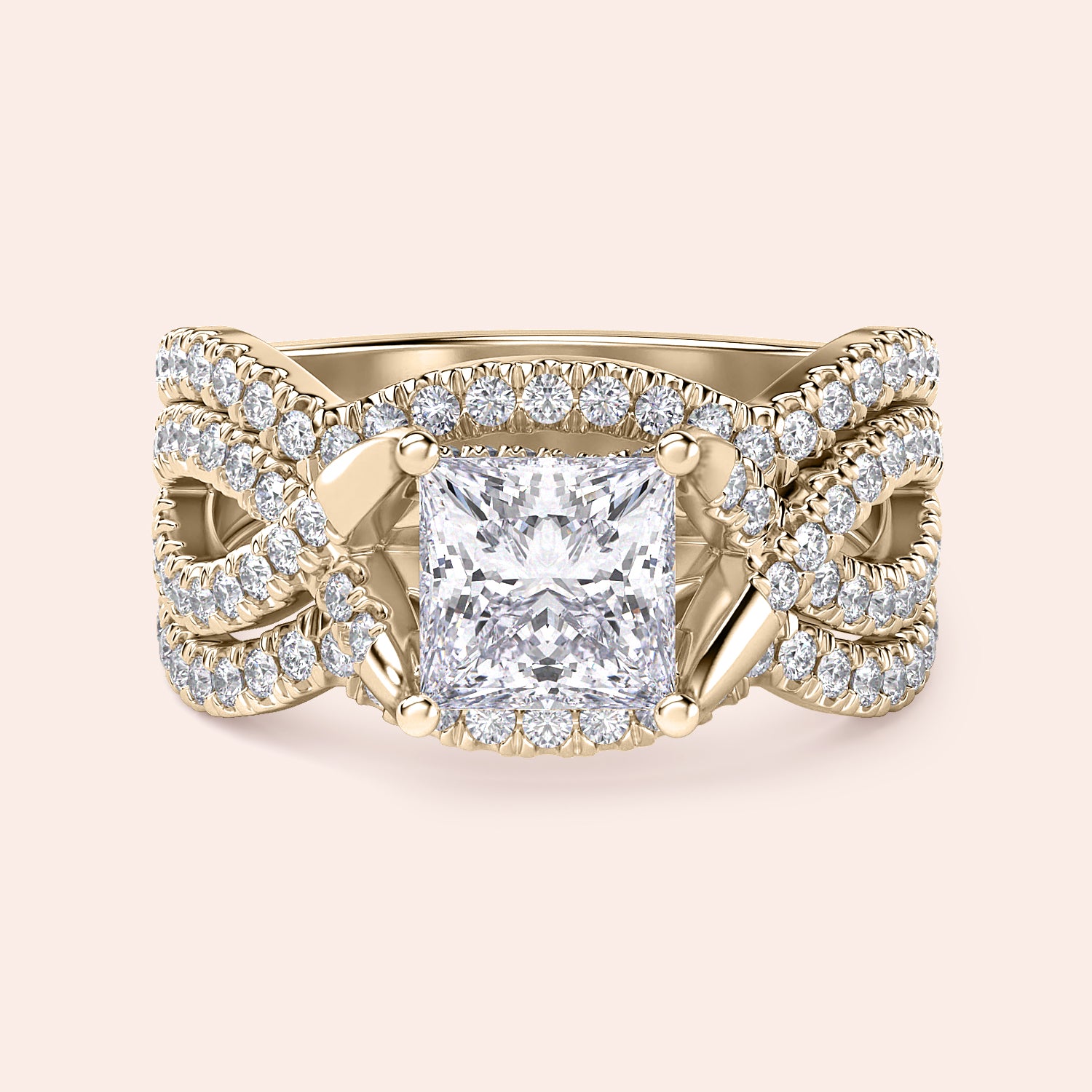 Yellow gold princess-cut diamond ring with a twisted pave band, available in 14K, 18K, or platinum for a stunning look.