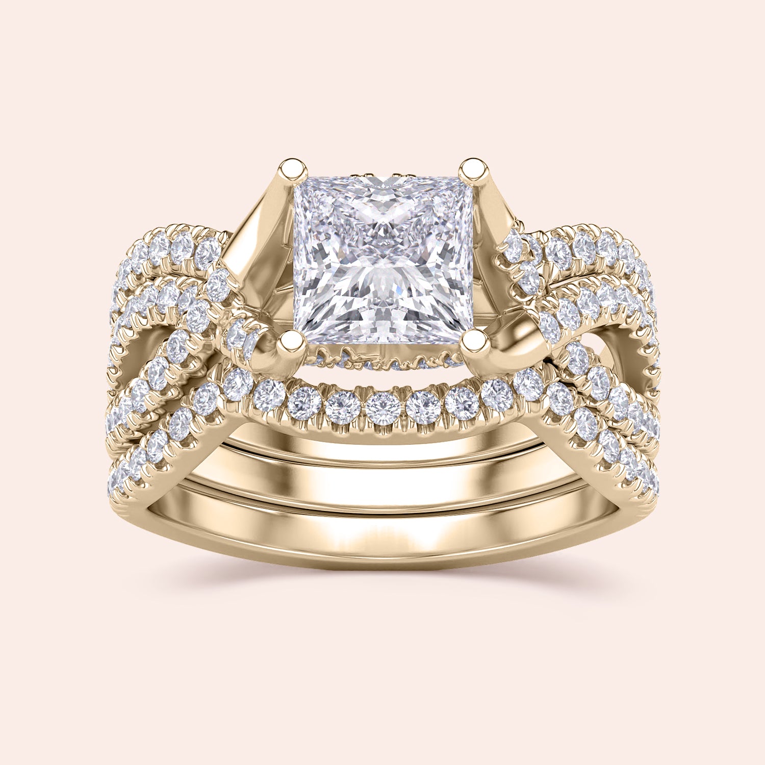Elegant princess-cut diamond engagement ring set in 14K yellow gold, featuring intricatePave diamond detailing for a luxurious finish.|




#14KRecycledYellowGold
#18KRecycledYellowGold





