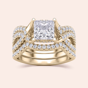 Elegant princess-cut diamond engagement ring set in 14K yellow gold, featuring intricatePave diamond detailing for a luxurious finish.