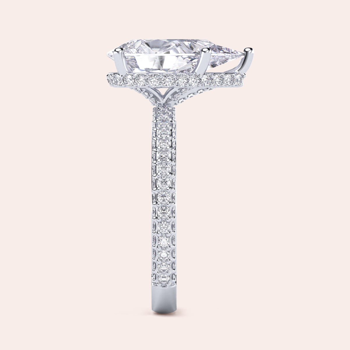 Elegant 14K or 18K white gold engagement ring featuring a stunning pear cut diamond with hidden halo andPave accents.
