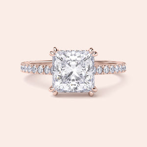 Exquisite princess-cut diamond engagement ring in rose gold, featuring a diamondPave band, available in 14K, 18K, or platinum.