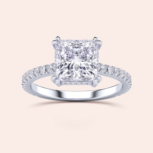 Princess-cut diamond engagement ring with pave band in 14K or 18K gold or platinum, featuring a hidden halo design.