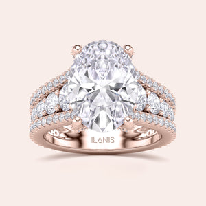 Luxurious 14K or 18K rose gold oval diamond engagement ring with a double halo and multi-row diamond band.