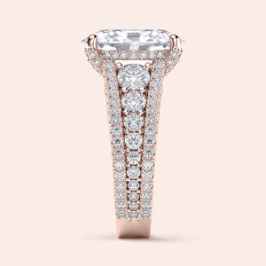 Luxurious 14K rose gold engagement ring with emerald-cut diamond, round brilliant accents, and intricate three-row band design.