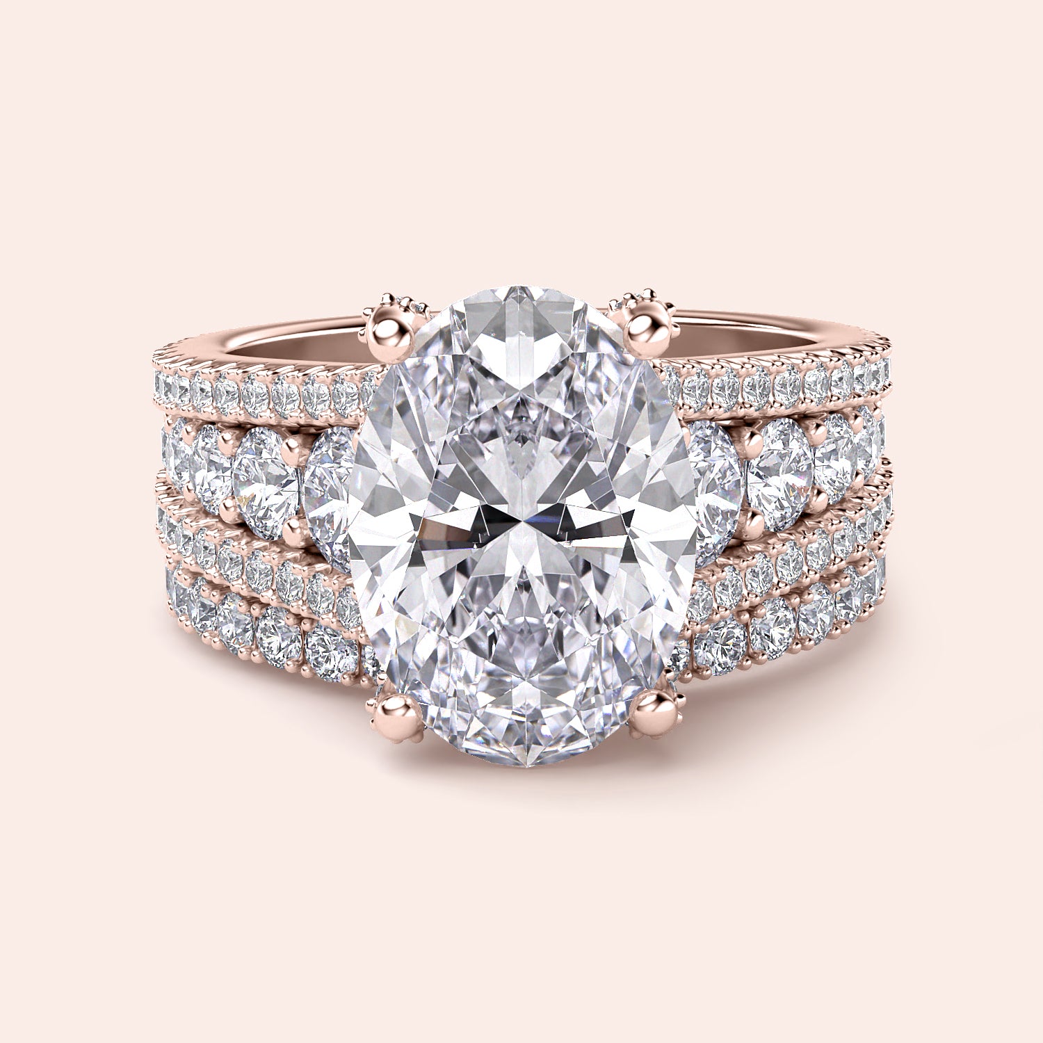 Elegant rose gold women's ring featuring a large oval diamond with halo accents and three rows of smaller diamonds. Available in 14K, 18K.|







#14KRecycledRoseGold
#18KRecycledRoseGold


