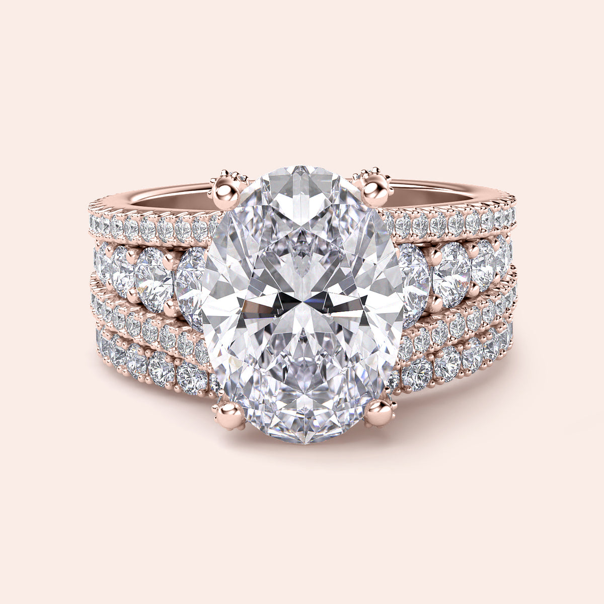Elegant rose gold women's ring featuring a large oval diamond with halo accents and three rows of smaller diamonds. Available in 14K, 18K.