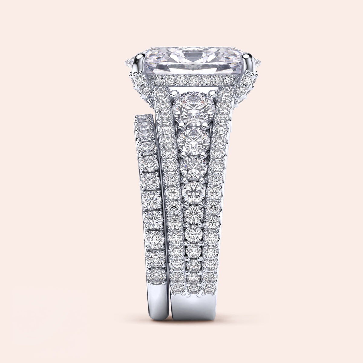 Exquisite 14K white gold oval hidden halo engagement ring set with intricate diamond accents, displayed on a neutral background.
