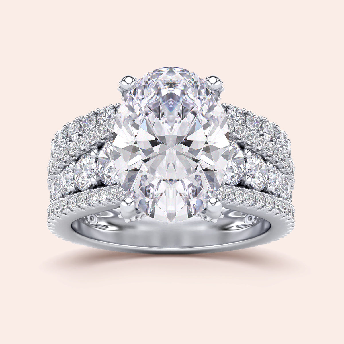 Stunning 14K/18K white gold or platinum oval diamond engagement ring with three-row band and sparkling accents.
