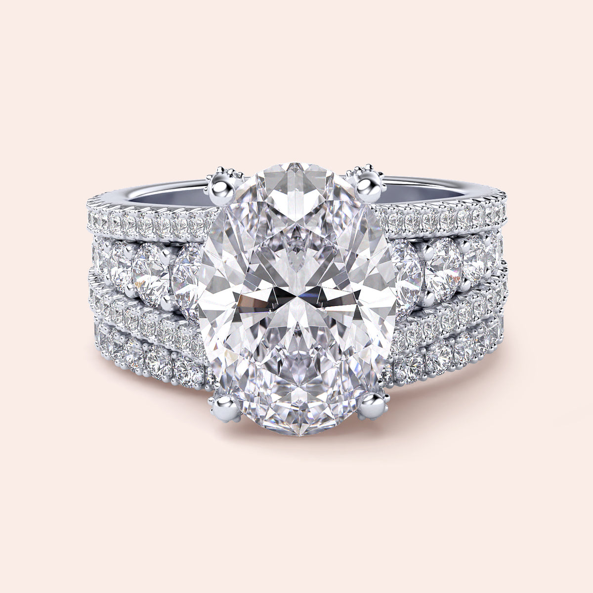Oval-Cut Diamond Engagement Ring with Triple-Band and Pave Setting in 14K or 18K Gold or Platinum, exquisite hidden halo accents.