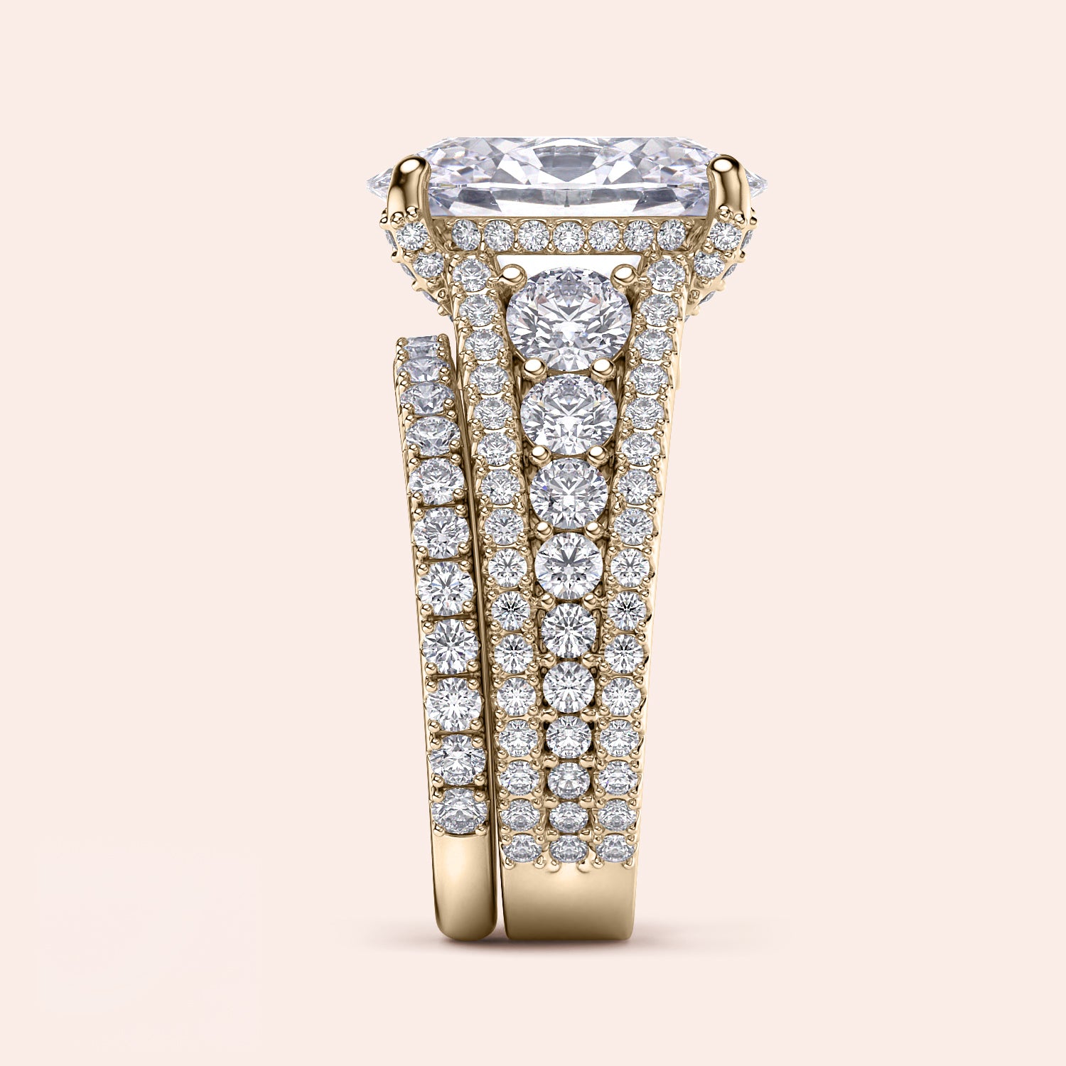 Elegant 14K Yellow Gold Engagement Ring Set with Oval Hidden Halo, Pave Accents & Three Row Band Design.|




#14KRecycledYellowGold
#18KRecycledYellowGold





