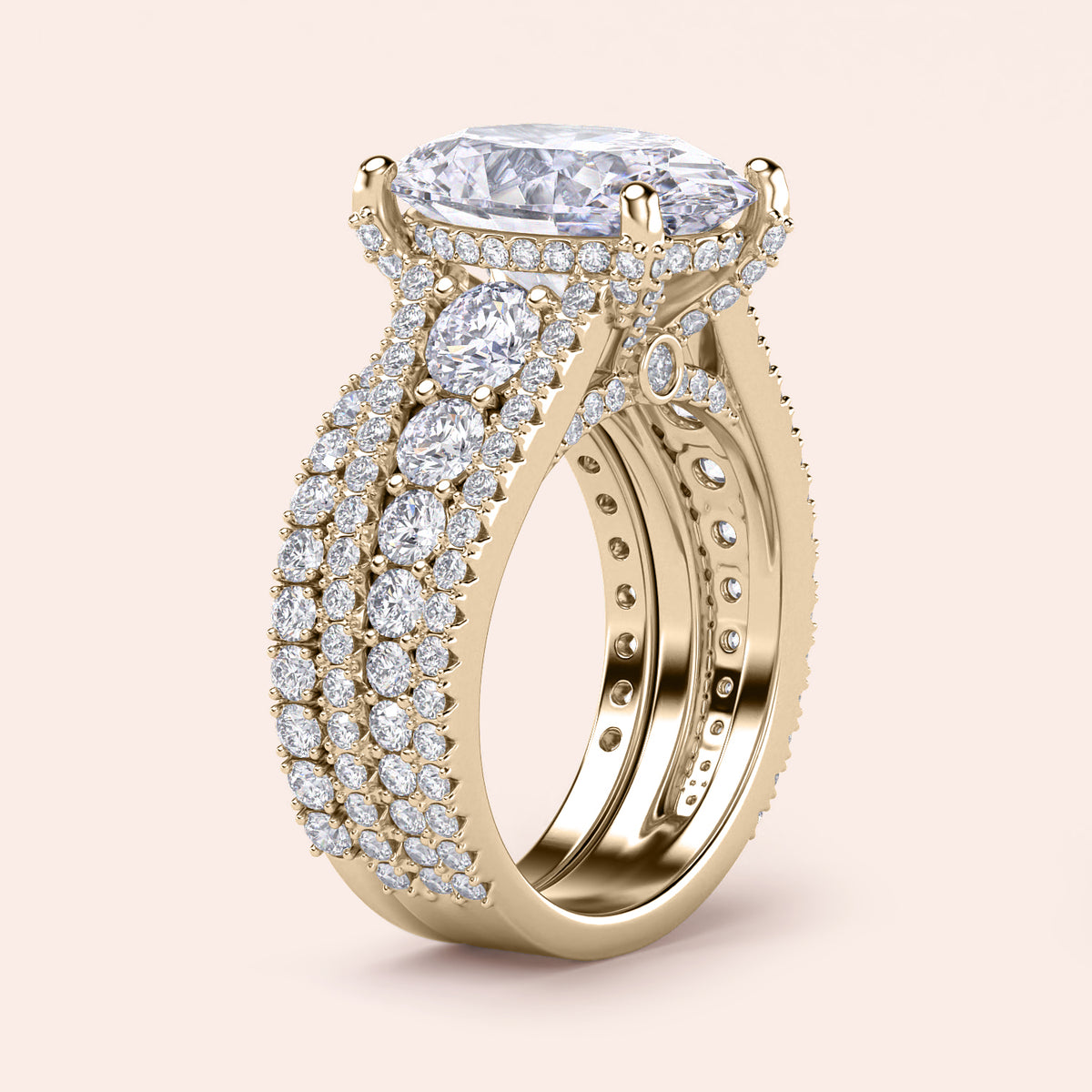Stunning 14K Yellow Gold engagement ring with oval diamond center, halo accents, and three-row band design. Not worn on model.