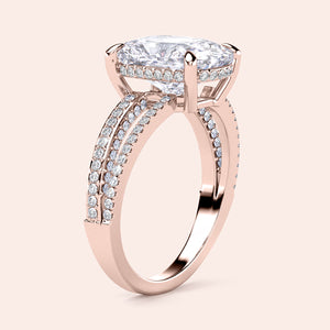 Exquisite cushion cut diamond ring with Pave setting in rose gold, available in 14K, 18K, or platinum - perfect for engagements.