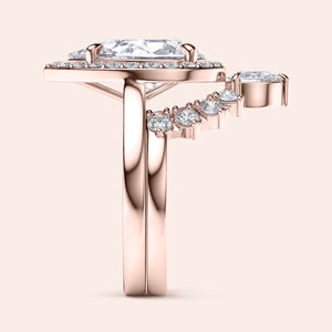 Elegant 14K/18K rose gold or platinum bridal ring set featuring a pear halo solitaire diamond, unmodeled for clear view.
